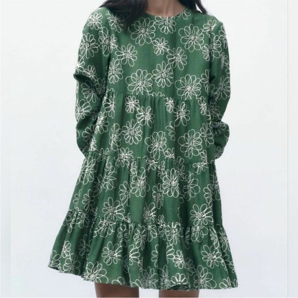 Zara Dresses & Skirts - Zara Diana Floral Embroidered Tiered Mini Dress Linen Long Sleeve Green L